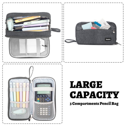 Pencil Case Big Capacity Pen Pouch Large Storage Holder Marker Pen Bag Durable 3 Compartment School Office Desk Organizer Portable Cute Zipper Stationery for Kids Teen Student Boys Girls Adults