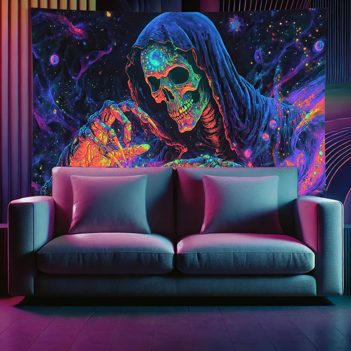 Starlit Patio Blacklight Skull Tapestry Skeleton UV Reactive Glowing Grim Reaper Wall Hanging Trippy Neon Skeleton Art Tapestry for Bedroom Living Room Dorm Aesthetic Gothic Horror Decor 78 x 59 Inch