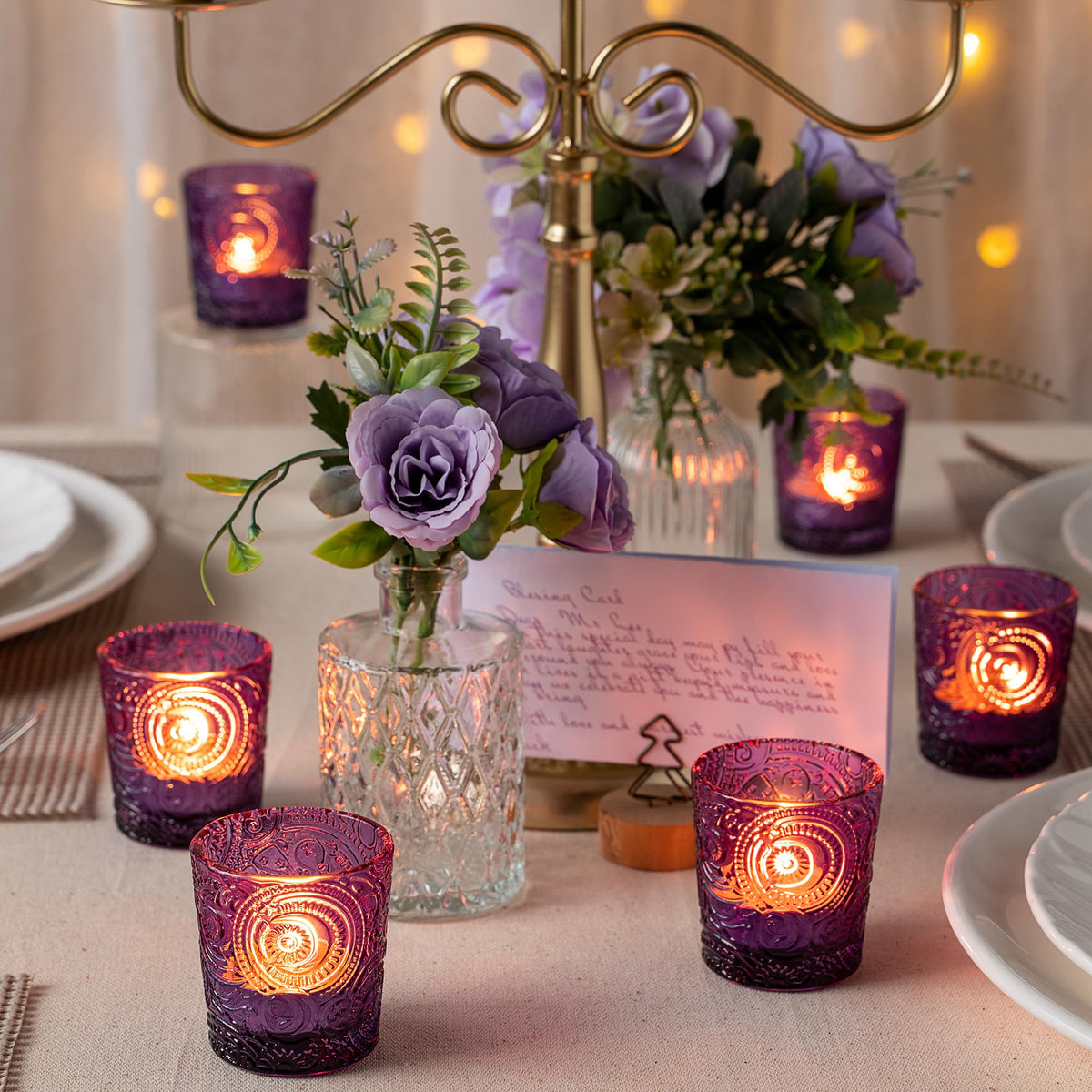 6 Pack Patented Sun Moon Star Embossed Glass Tea Light Candle Holders - Unique Votive Candle Holders for Wedding, Party, and Table Centerpieces (Multi-Color)