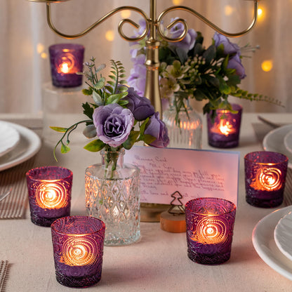 6 Pack Patented Sun Moon Star Embossed Glass Tea Light Candle Holders - Unique Votive Candle Holders for Wedding, Party, and Table Centerpieces (Multi-Color)