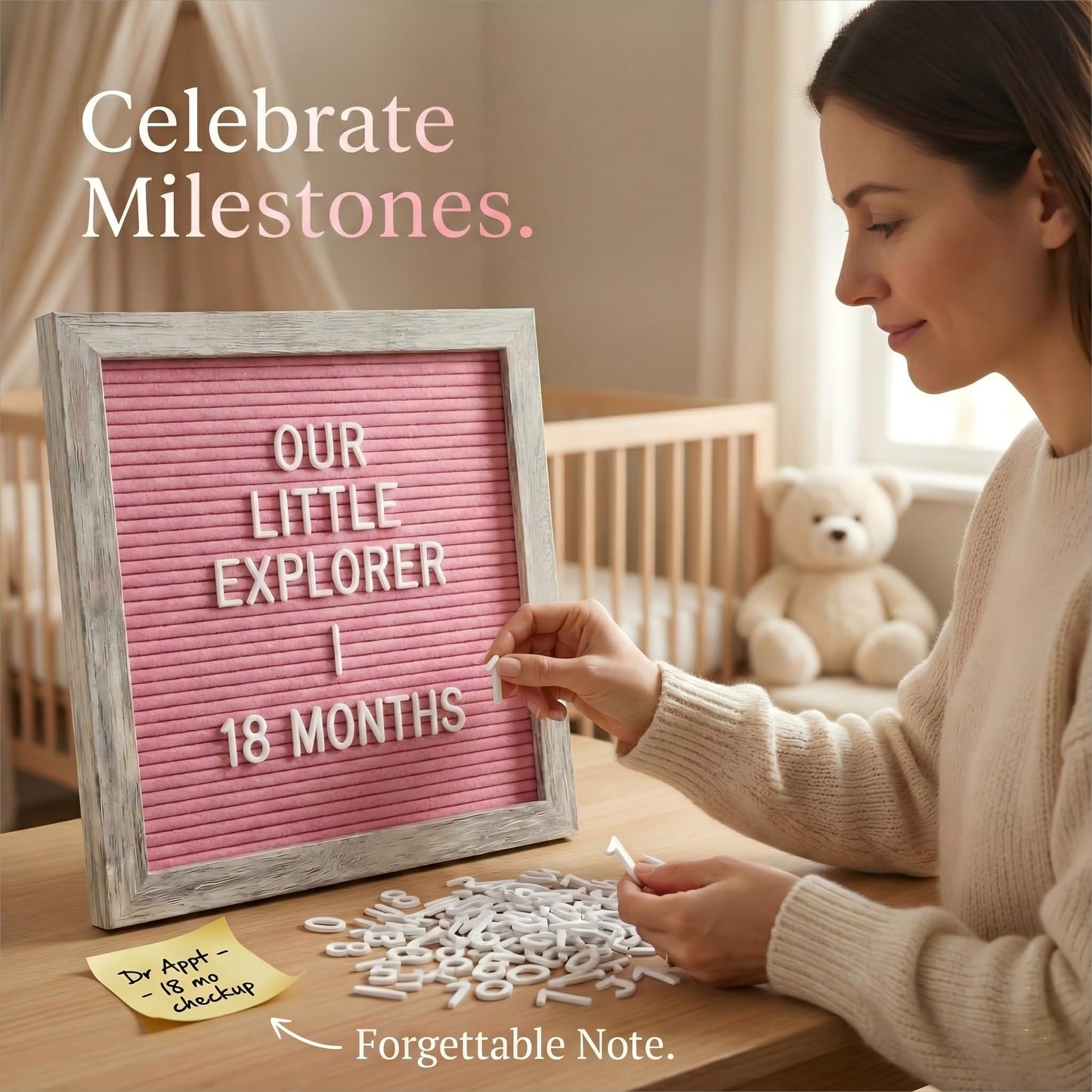 C CRYSTAL LEMON Rustic Hot Pink Felt Letter Board 10x10 Inches – 336 Changeable Letters, Numbers & Symbols – Message Board for Classroom, Home & Office