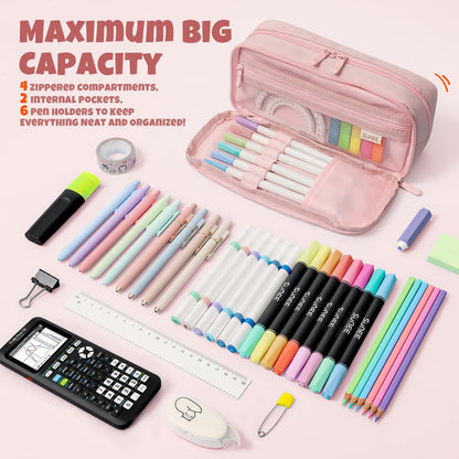 SUNEE Pencil Case, Large Capacity Pencil Pouch, Aesthetic Big Pen Bag 900D Oxford Pen Box for Office Stationery Organizer School Supplies Multifunctional for Teen Boys Girls Women Men, Pink