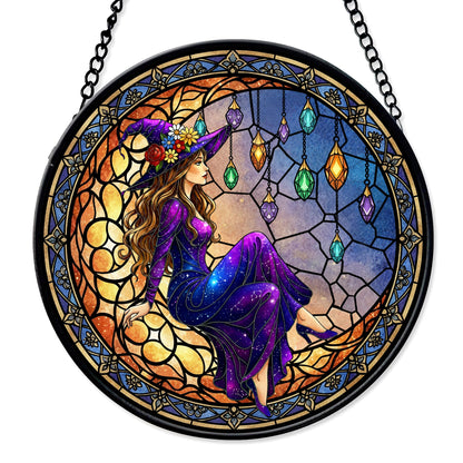 FIVITY 7.8" Moonlight Witch Suncatcher Stained Glass Window Hanging Mystical Witchy Sun Catchers Halloween Ornaments Wall Art Door Garden Room Home Decor Birthday for Teens Women