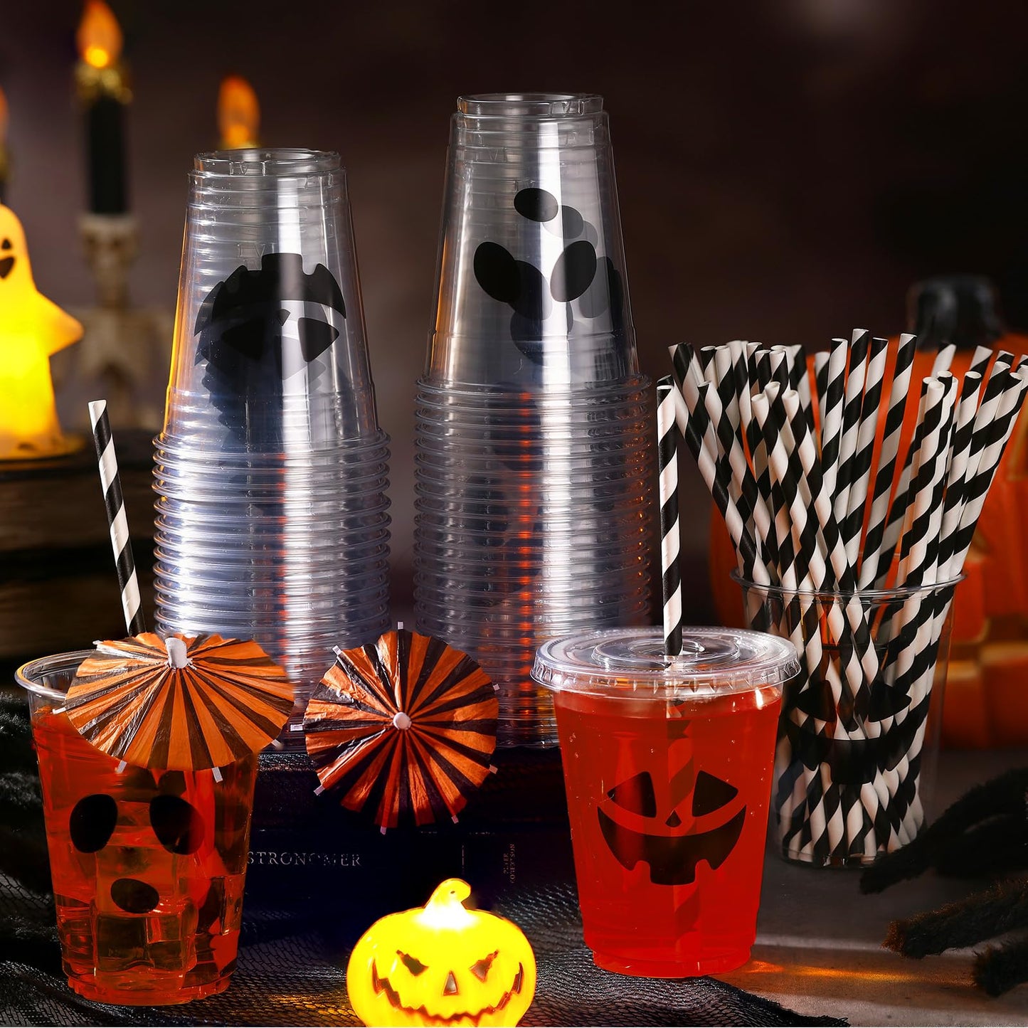 Chengu 50 Set Halloween Disposable Plastic Cups with Lids and Cocktail Paper Umbrella 12oz Pumpkin Face Disposable Cups Jack O Lantern Party Favors Halloween Trick or Treat Party Supplies