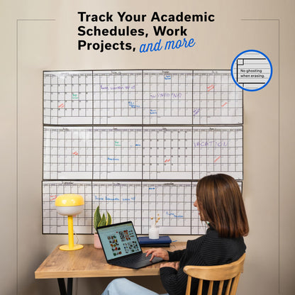 Dry Erase Year Calendar for Wall 45x55, Family Office Undated Yearly Annual Large, 12 Giant Erasable Month Wall Classroom, Rolled Whiteboard White Board, for Calendar Dry Planner Erase Reusable
