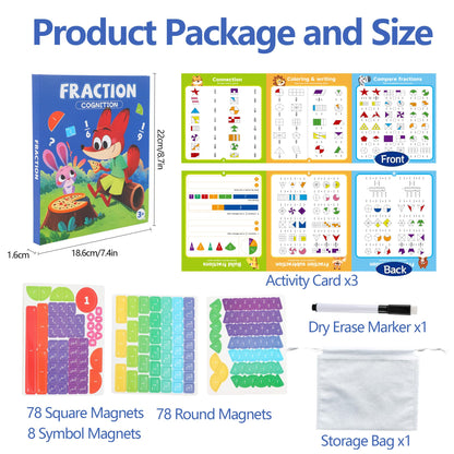 Magnetic Fraction Playbook & Fraction Manipulatives Set, Montessori Magnetic Fraction Book for Kids Grades K-3, Math Manipulatives with Fraction Tiles and Circles, Educational Fraction Games & Puzzle
