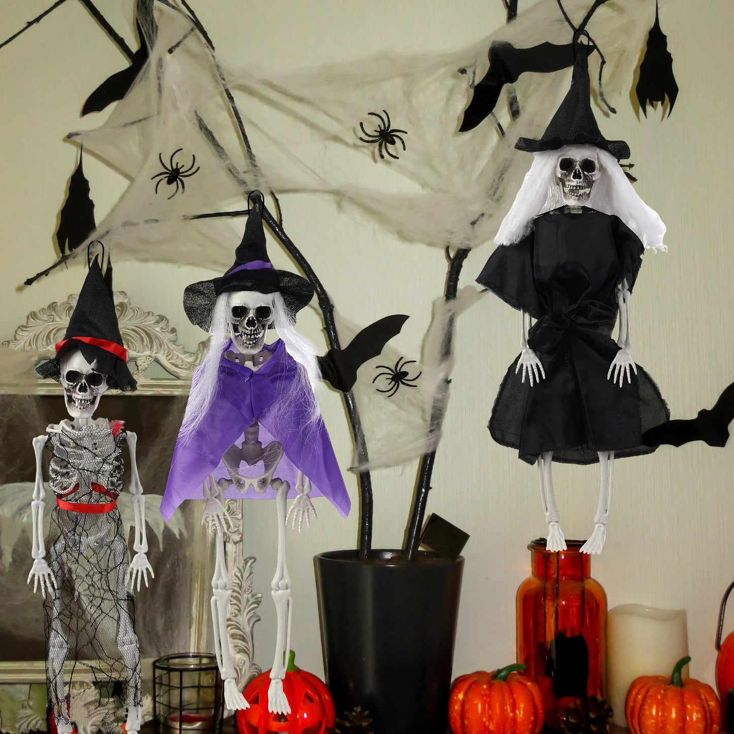 Poen 4 Pack 16" Halloween Hanging Skeleton Decorations Small Full Body Posable Skeletons with Movable Joints Plastic Mini Spooky Decor for Halloween Party Haunted House Lawn Graveyard Props (Witch)