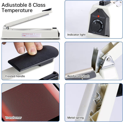 Impulse Heat Sealer with Seal bar, Heavy-Duty Bag Sealing & Cutting Machine, 4 Extra Replacements (white, 24inch)
