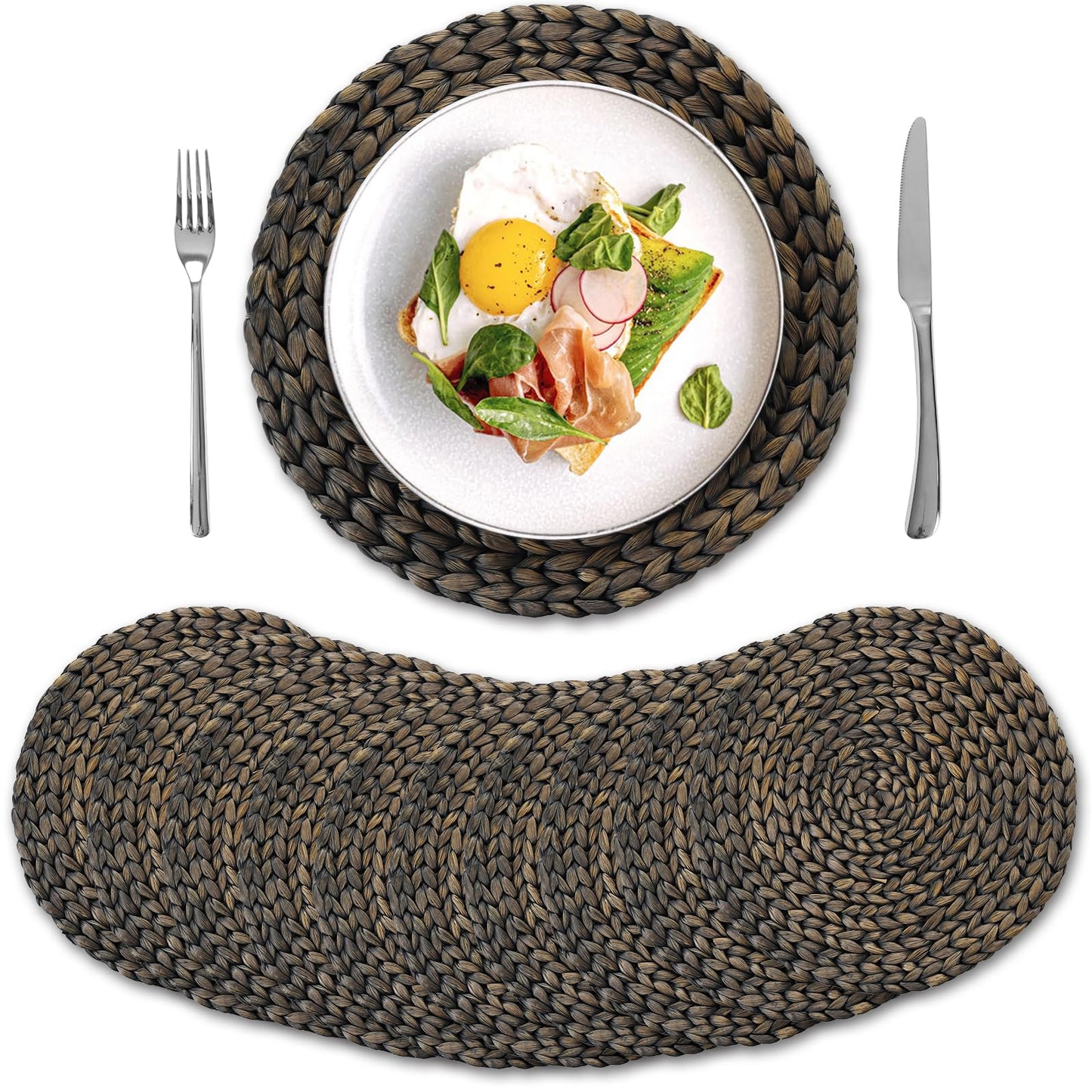 10 Pack, Round Woven Placemats, Natural Water Hyacinth Wicker Place Mats, Braided Straw Table Mats for Dining Table, Fall, Halloween, Thanksgiving, Chrismats, Black (13.8 inch)