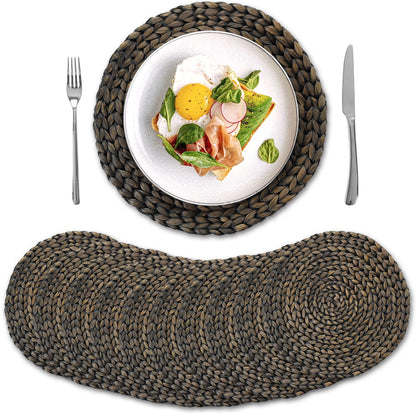 10 Pack, Round Woven Placemats, Natural Water Hyacinth Wicker Place Mats, Braided Straw Table Mats for Dining Table, Fall, Halloween, Thanksgiving, Chrismats, Black (13.8 inch)
