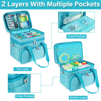MRINCA Sewing Accessories Organizer Bag, Double Layer Sewing Storage Bag with Shoulder Strap, 2 Detachable Pouches, Large Portable Sewing Travel Case for Supplies, Thread, Scissors, Tools (Blue)