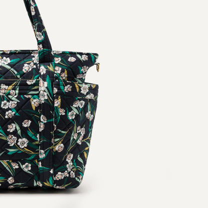 Amazon Essentials Women's Quilted Cotton Travel Tote Bag, Black Floral, One Size