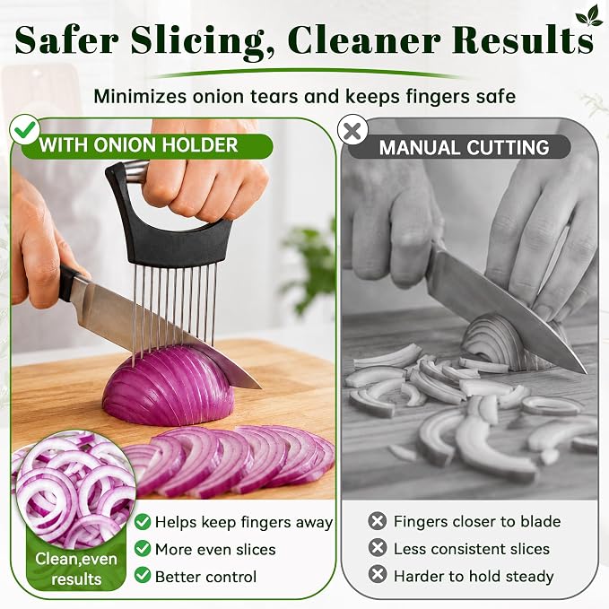 Onion Slicer, Stainless Steel Onion Holder for Slicing with Protective Cover, Onion Cutter Tool, Food Slicing Guide for Kitchen, Tomato, Potato, Lemon, Meat, Avocado, Egg, Fruit