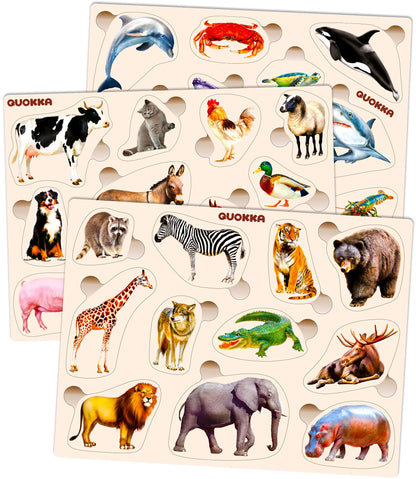 QUOKKA Wooden Puzzles for Toddlers 1-3 – 3xSET Toddler Puzzles Ages 2-4 – Montessori Animal Toy Puzzle for Toddlers 3-5 Year Old – Wood Toy Learning Realistic Animals for Boy and Girl