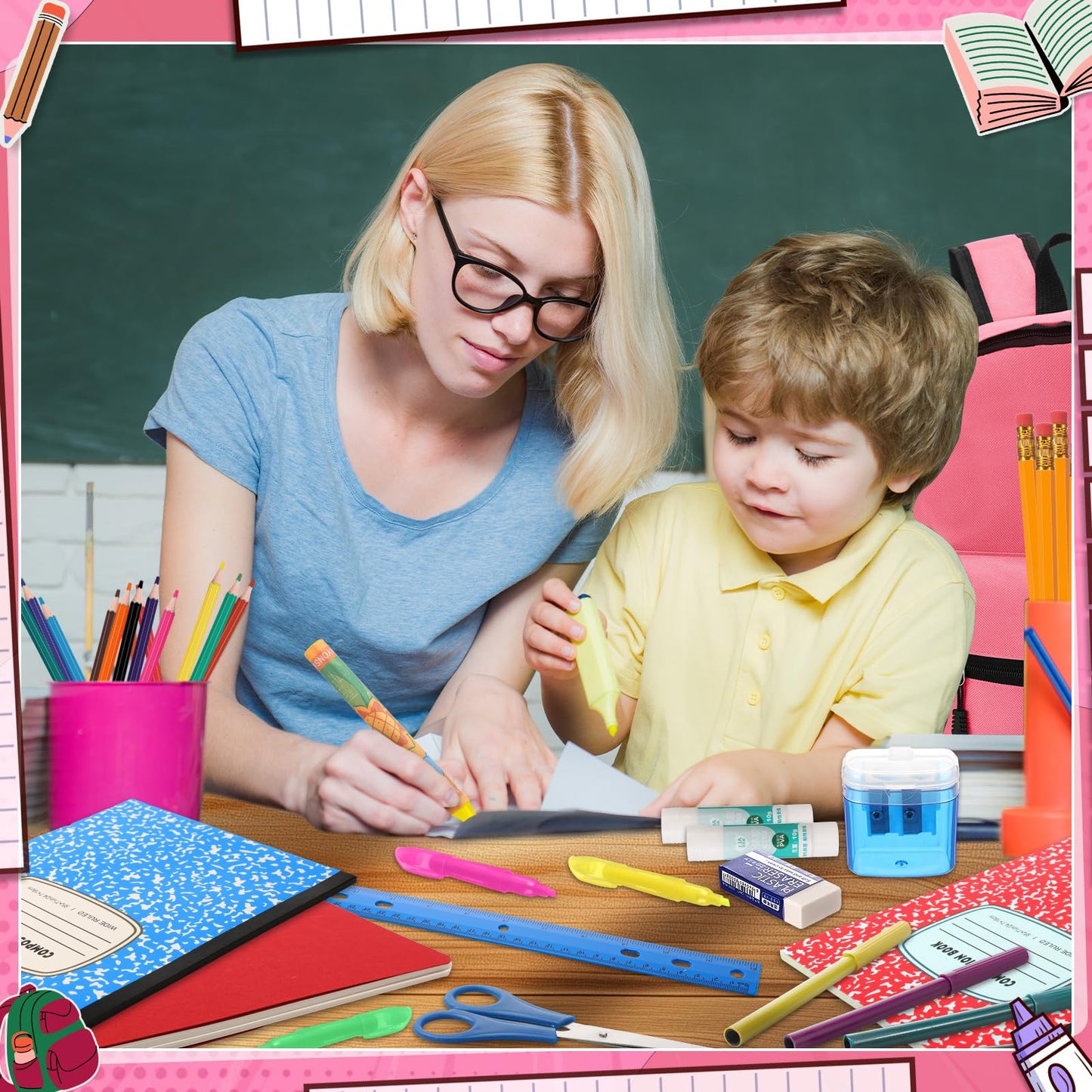 Gilprop 79 Pcs Back to School Supplies Box for Kids K-5 Students Elementary Middle School Supplies Kit Bundle Bulk Essential Pen Notebook Stationery for Primary Student Classroom(Pink)
