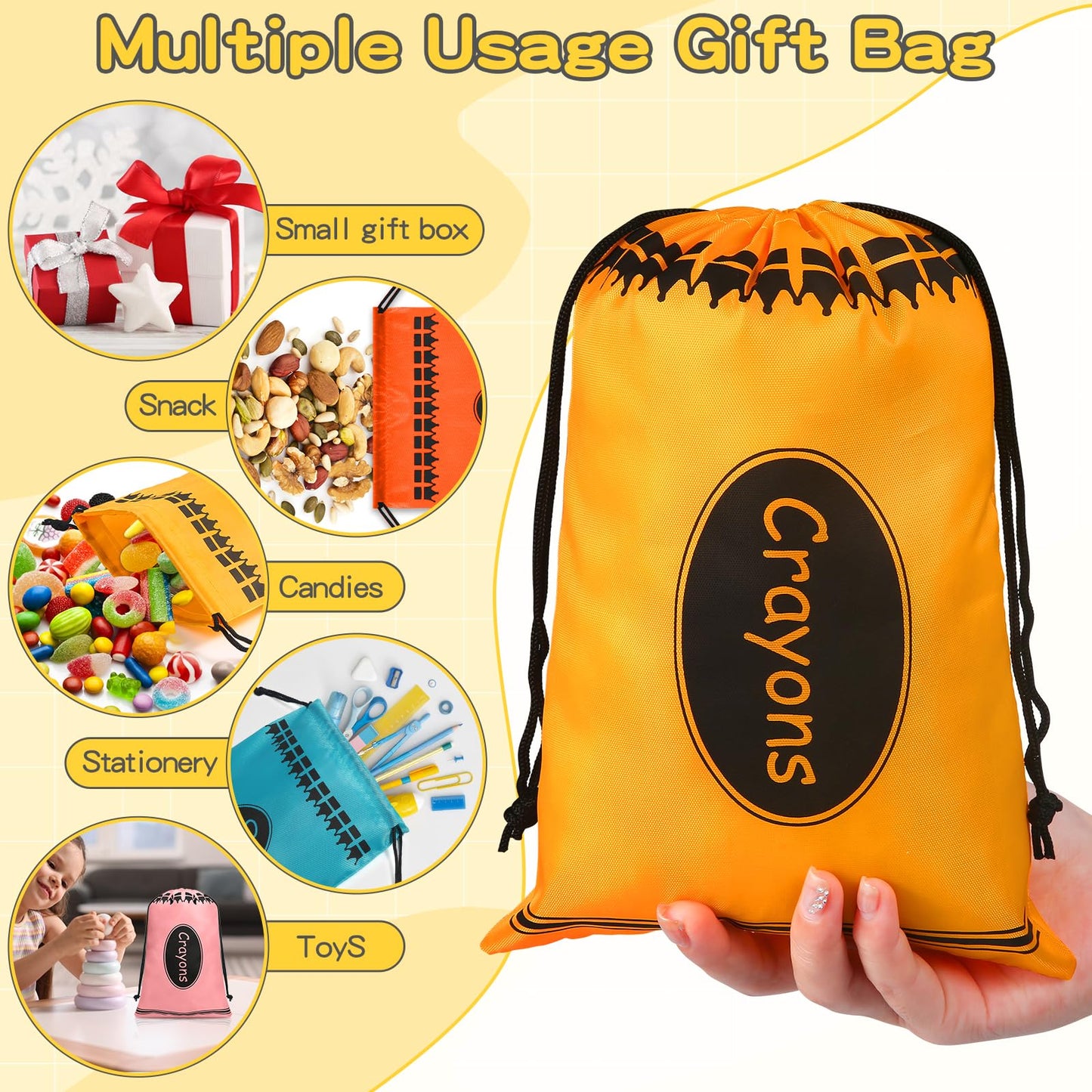 VZZNN 24 Pcs Crayon Drawstring Bags 8 Colors 10 x 7 IN Party Favors Bulk Reusable Treat Bags Back to School Graduation Birthday Party Supplies Bulk Rainbow