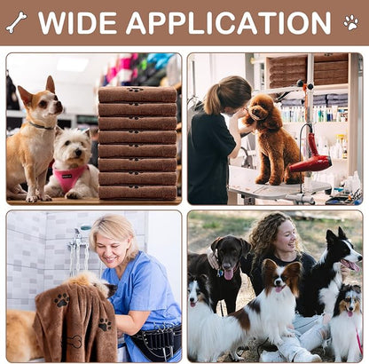 Chumia 8 Pcs Dog Towels for Drying Dogs Cats Pet Towels Bulk Puppy Microfiber Fast Drying Paw Bath Bathing Supplies Absorbent for Medium Pets(40 x 24 Inch,Dog Paw and Bone,Coffee)