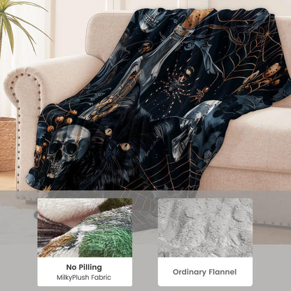 Goth Skull Blanket for Boys Kids Men Women, Flannel Skeleton Blankets Gifts, Halloween Black Cat Skull Throw Blanket for Sofa Couch Bed Living Room Soft Warm Cozy Gothic Decor 60" x 50"