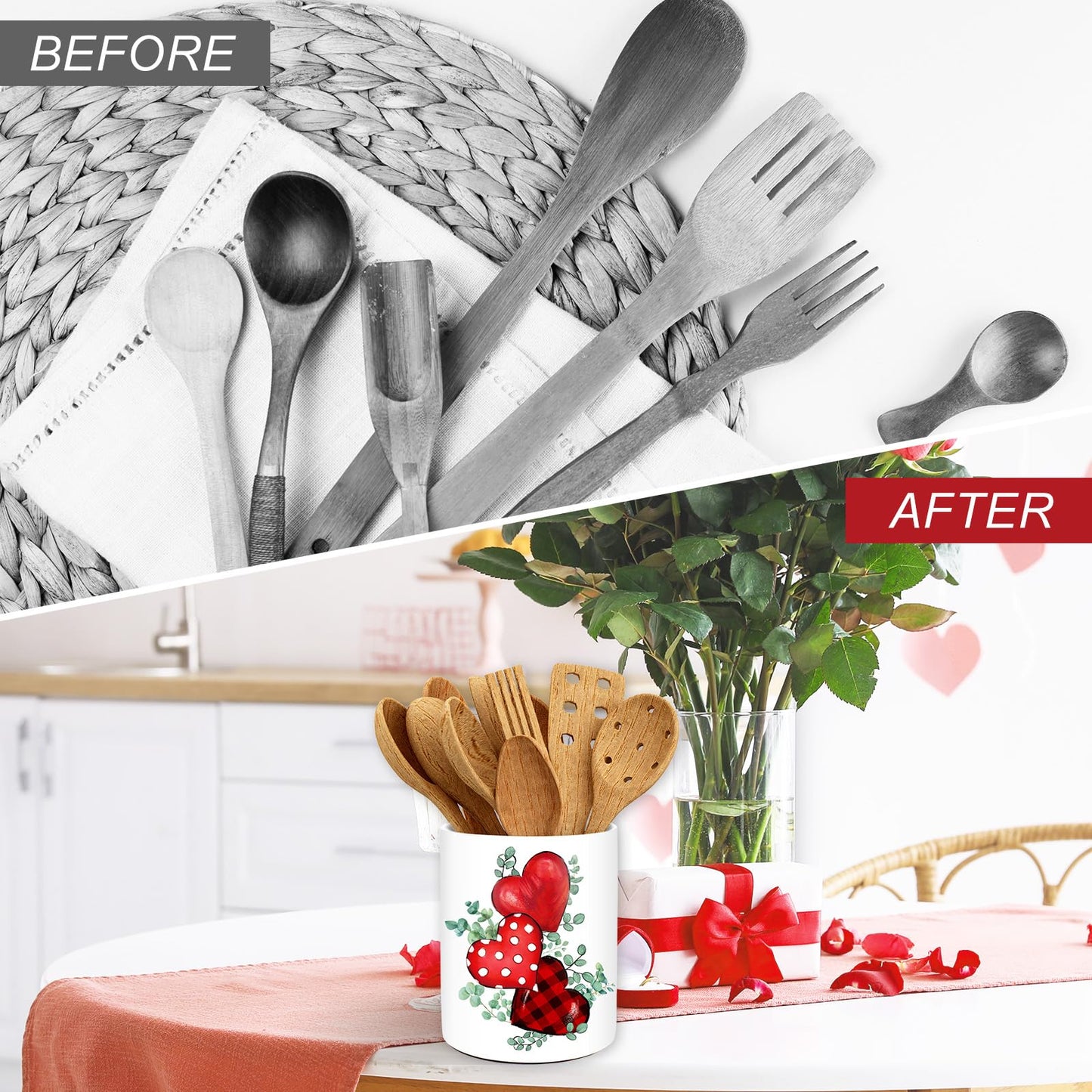 JarThenaAMCS Valentine's Day Ceramic Utensil Holder Green Leaves Red Heart Utensil Crock for Wedding Home Kitchen Countertop Storage Organizer Container