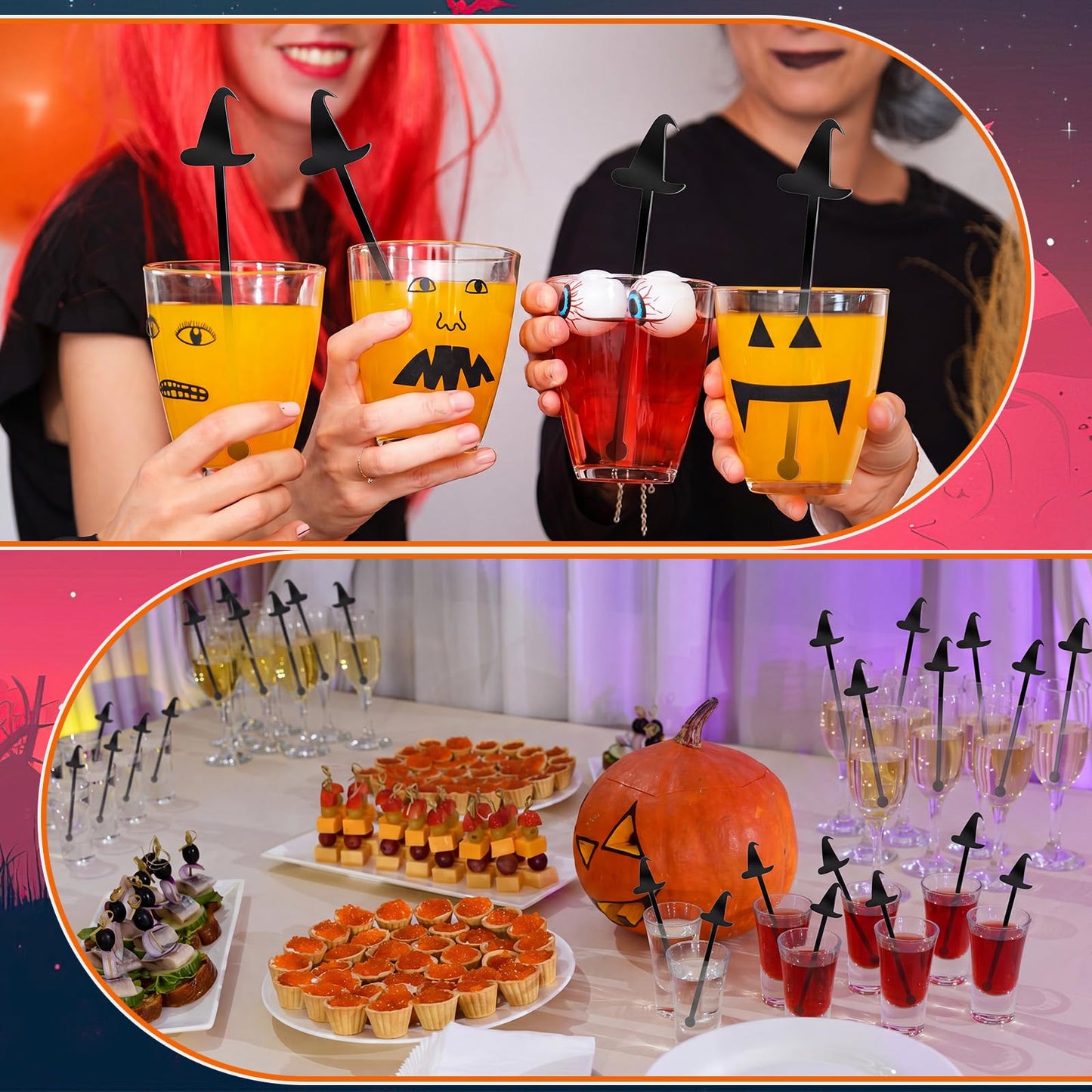 LemonRoad 100 Pcs Witch Party Supplies Swizzle Sticks Black Plastic Coffee and Cocktail Stirrers 5.9 Inch Reusable Black Witch Hat Cocktail Mixers Bulk for Bar Weddings Events Halloween (Classic)