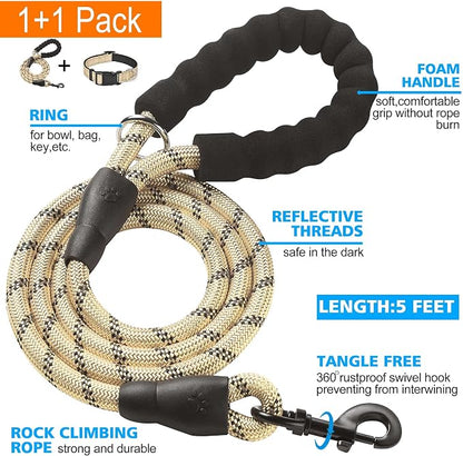 Ladoogo Reflective Dog Collar Padded with Soft Neoprene Breathable Adjustable Nylon Dog Collars for Small Medium Large Dogs (Large (Pack of 1), Vanilla Collar+Leash)