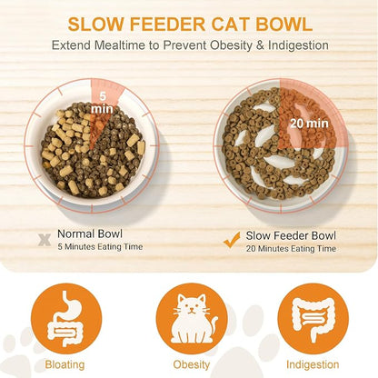 Non-Slip Rubberwood Elevated Cat Feeder Stand - 6.1"x3.5" Detachable Bowl Holder, Ergonomic Anti-Vomiting Raised Pet Dish Stand (White(Ceramic)-Bamboo Stand)