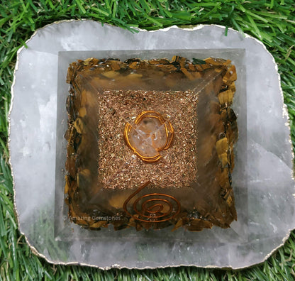 Large Orgone Pyramid | Glow in Dark Tigers Eye Pyramid Crystal | Orgonite Pyramid | Organ Pyramids Positive Energy Healing