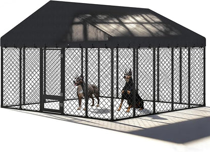10x10x6.4 FT Large Outdoor Dog Kennel with Roof, Heavy Duty Anti-Rust Metal Dog Enclosure Fence for All Weather Resistant, Secure Double Locks for Large Dogs Outsides