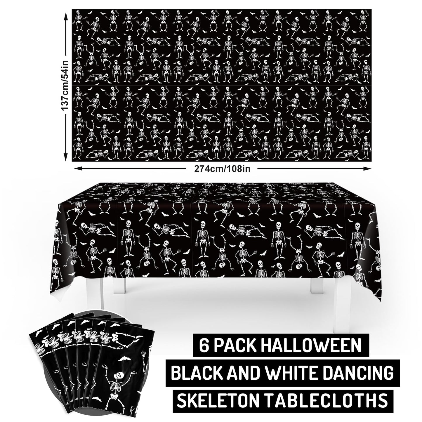 JarThenaAMCS 6 Pcs Halloween Plastic Tablecloth Funny Dancing Skeleton Table Cover Black White Disposable Table Cloth for Halloween Party Home Kitchen Dining Decor, 54 x 108 Inch