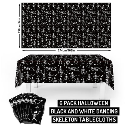 JarThenaAMCS 6 Pcs Halloween Plastic Tablecloth Funny Dancing Skeleton Table Cover Black White Disposable Table Cloth for Halloween Party Home Kitchen Dining Decor, 54 x 108 Inch