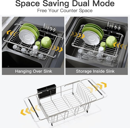 JASIWAY Dish Drying Rack in Sink, Expandable Stainless Steel Dish Drainers for Kitchen Counter, Dish Dryer Rack for Inside Sink, Over The Sink Dish Racks with Utensil Holder, Silver