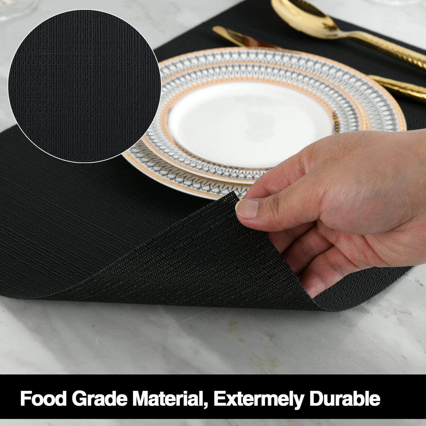 SLKQG Black Placemats Set of 6 - Easy Clean Washable Vinyl Placemats - Wipeable Heat Proof Table Mats for Dining Table - 17x12 Inch (Pure Black, 6)