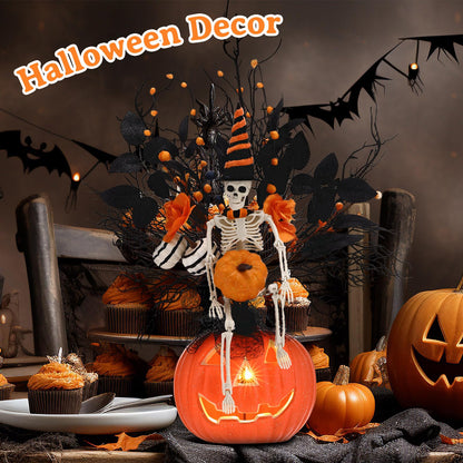 Thiccywoov Large Halloween Tabletop Decorations with Lights 17.7'' x 11'' Halloween Table Centerpieces Halloweens Artificial Flower Skeleton Skull Pumpkin Table Decor for Home Indoor Party Supplies