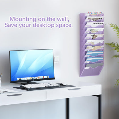 EasyPAG 10 Pocket Mesh Wall File Organizer, Hanging Paper Folder Holder with Classify Label, Vertical Wall Mount Mail Organizer for Office Home Classroom, Purple