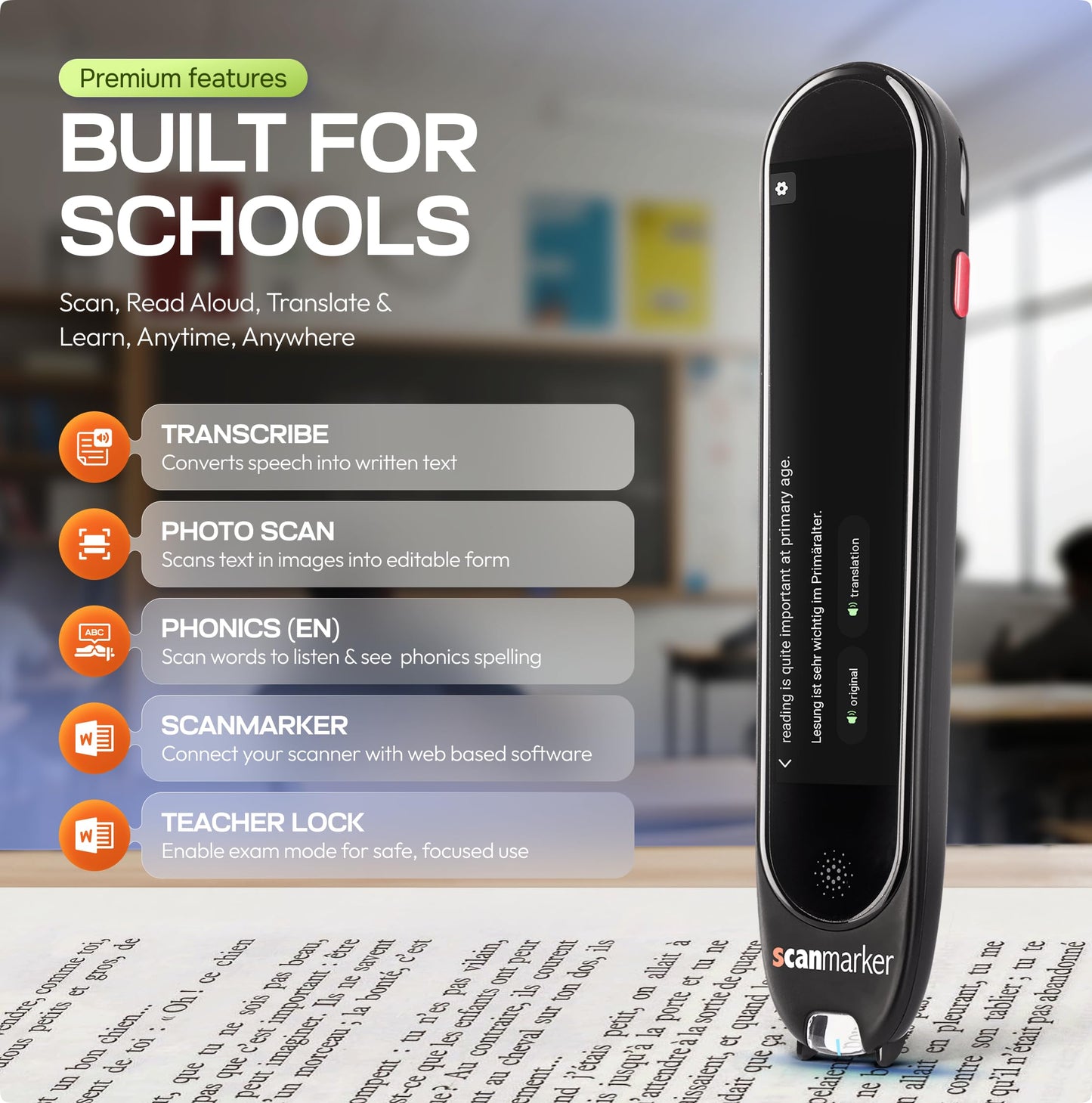 Scanmarker Max Reading Pen + Phonics Cards Bundle | Designed for Classroom Support with Phonics Assistance, Lock Function and Assistive Web App
