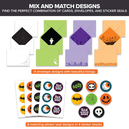 Decorably 24 Pack 4x6in Happy Halloween Cards with Envelopes and Stickers, 8 Spooktacular Designs for Kids & Adults - Blank Inside, Trick-or-Treat Bags, Gifting, Mailing
