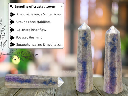 Amazing Gemstone Hackmanite Fluorescent Sodalite Crystal Towers - Natural Healing Crystal Point Obelisk for Reiki Healing and Crystal Grid (3" to 4" INCH)