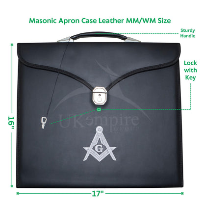 Masonic Apron Case Leather Master Mason (Machine Embroidered) Silver: MM, Provincial Size | Freemason Carrying Bags
