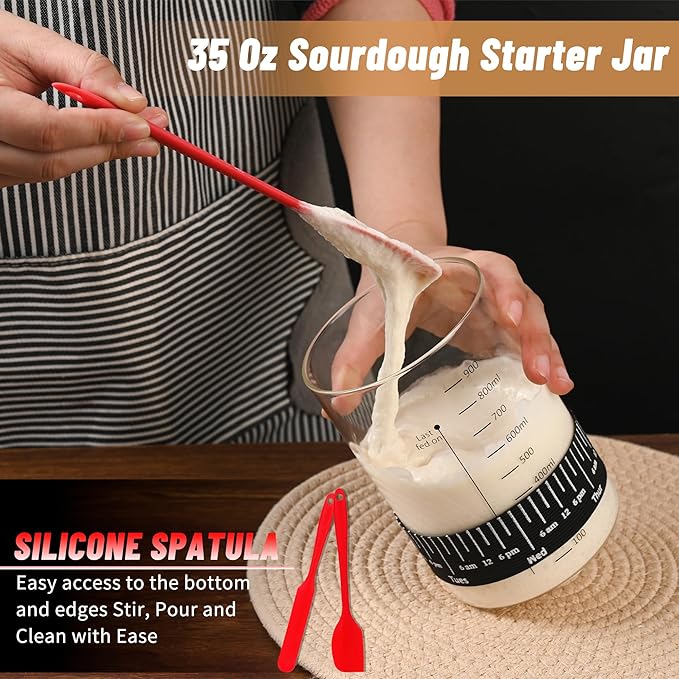 Xileanalee Pro Sourdough Starter Jar Kit 2 Packs-35 Oz Sourdough Bread Starter Jar Kit with Date Marked Feeding Band,Thermometer,Spatula,Cloth Cover& Lid for Sour Dough Bread Loaf (2 Pcs)