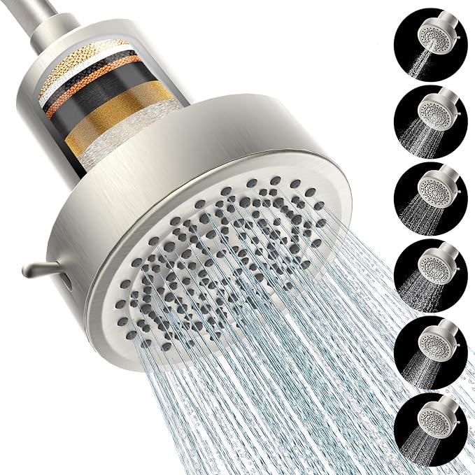 Filtered Shower head for Healthier Hair & Skin – Removes Chlorine & Heavy Metals,High Pressure 6 Mode Settings Shower Head Filter for Hard Water (Brushed Nicke)