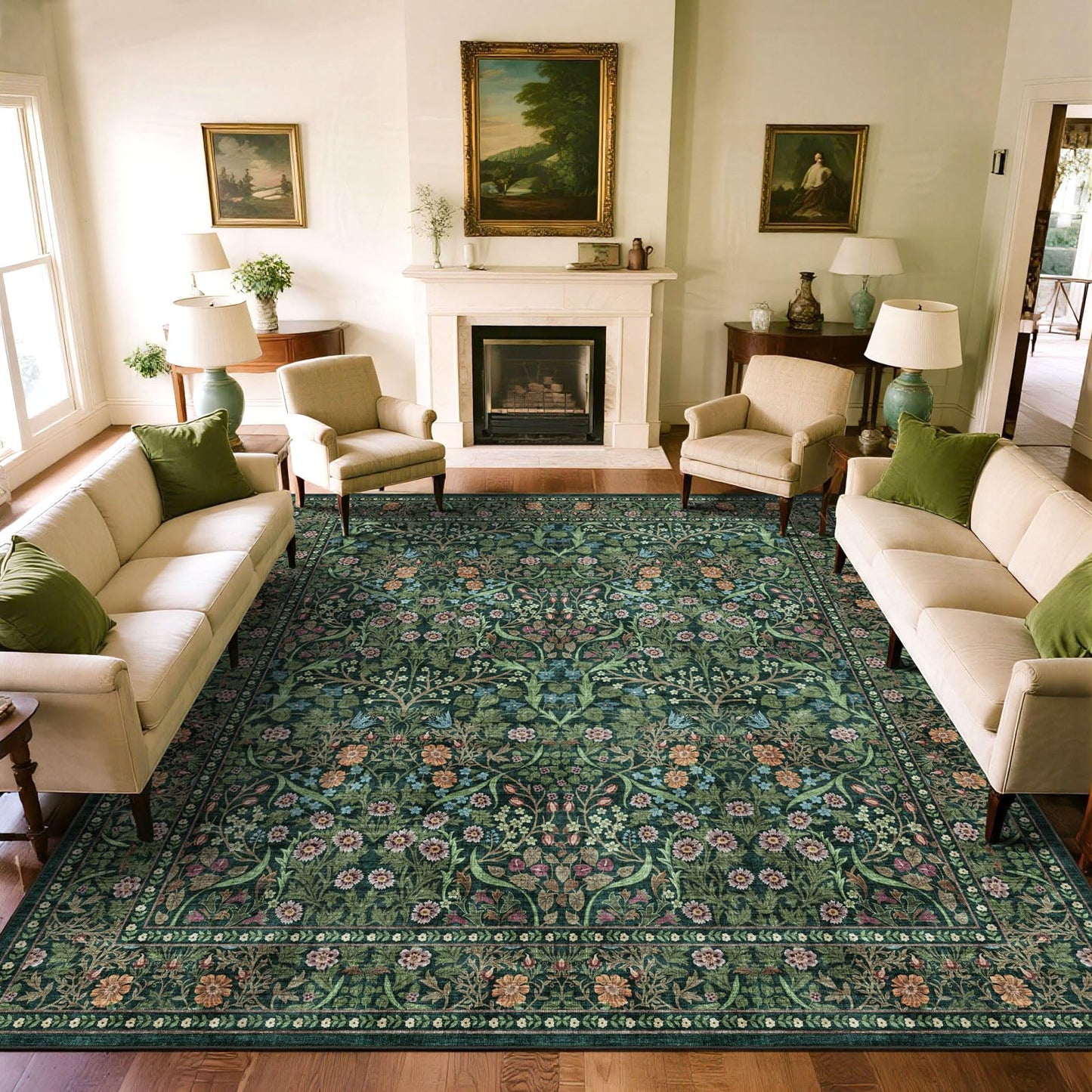 Othilic Moss Green 8x8 Square Rug - Soft Washable Boho Floral Living Room Rug Non Slip Stain Resistant Dark Forest Botanical 8' Square Area Rugs for Bedroom Guest Room Dining Room Rugs for Under Table