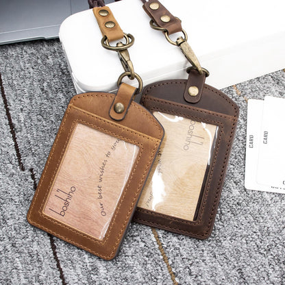 Badge Holder: Boshiho Cowhide Leather ID Badge Card Holder with 19" Neck Lanyard, Vertical Style (Dark Brown)