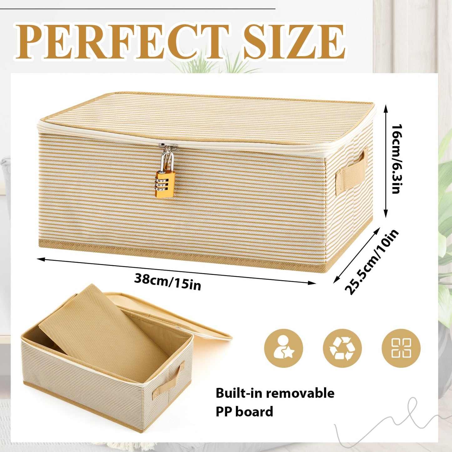 Briwooody Discreet Lockable Toy Bag Storage Organizer Toy Bag Storage Bins Case with Zipper Lid 15 x 10 x 5.9 Inches for Women and Men Clothes Container(Gold Stripes)