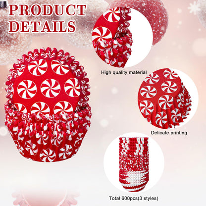 Whaline 600Pcs Christmas Candy Cupcake Liners Peppermint Baking Cups Holders Candy Cane Cupcake Wrappers Red White Candy Muffin Liners for Xmas Holiday Birthday Party Candy Make Baking Supplies