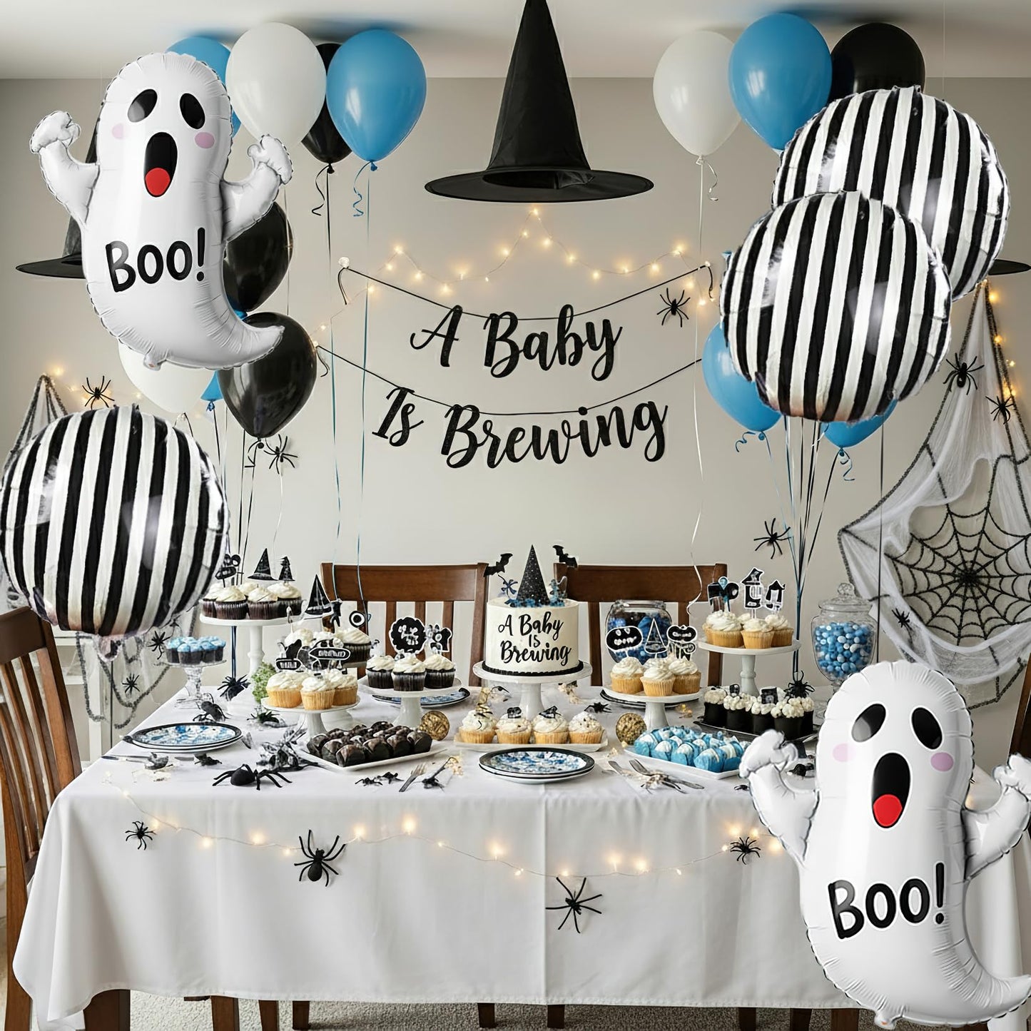 Spooky Halloween Balloon Garland Arch Kit | Black Blue White Balloons with 3D Bat Ghost Foil Balloons Perfect for boo Party Decorations