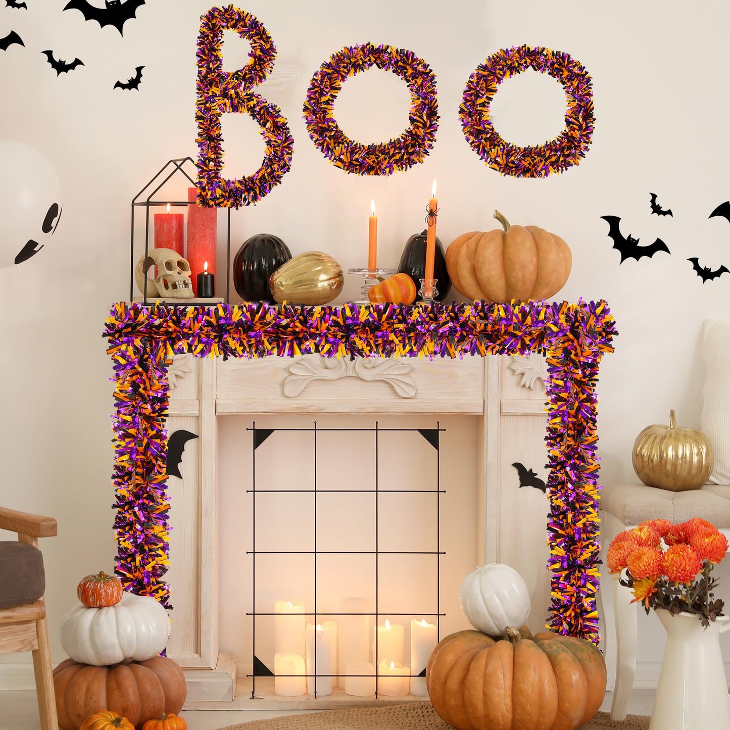 Lairyan 50FT Halloween Tinsel Garland Decorations, Shiny Orange Black Purple Metallic Twist Hanging Garland for Home Tree Stairs Indoor Outdoor Halloween Party Decorations