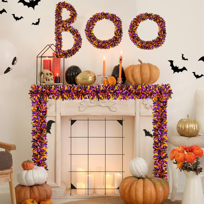 Lairyan 50FT Halloween Tinsel Garland Decorations, Shiny Orange Black Purple Metallic Twist Hanging Garland for Home Tree Stairs Indoor Outdoor Halloween Party Decorations