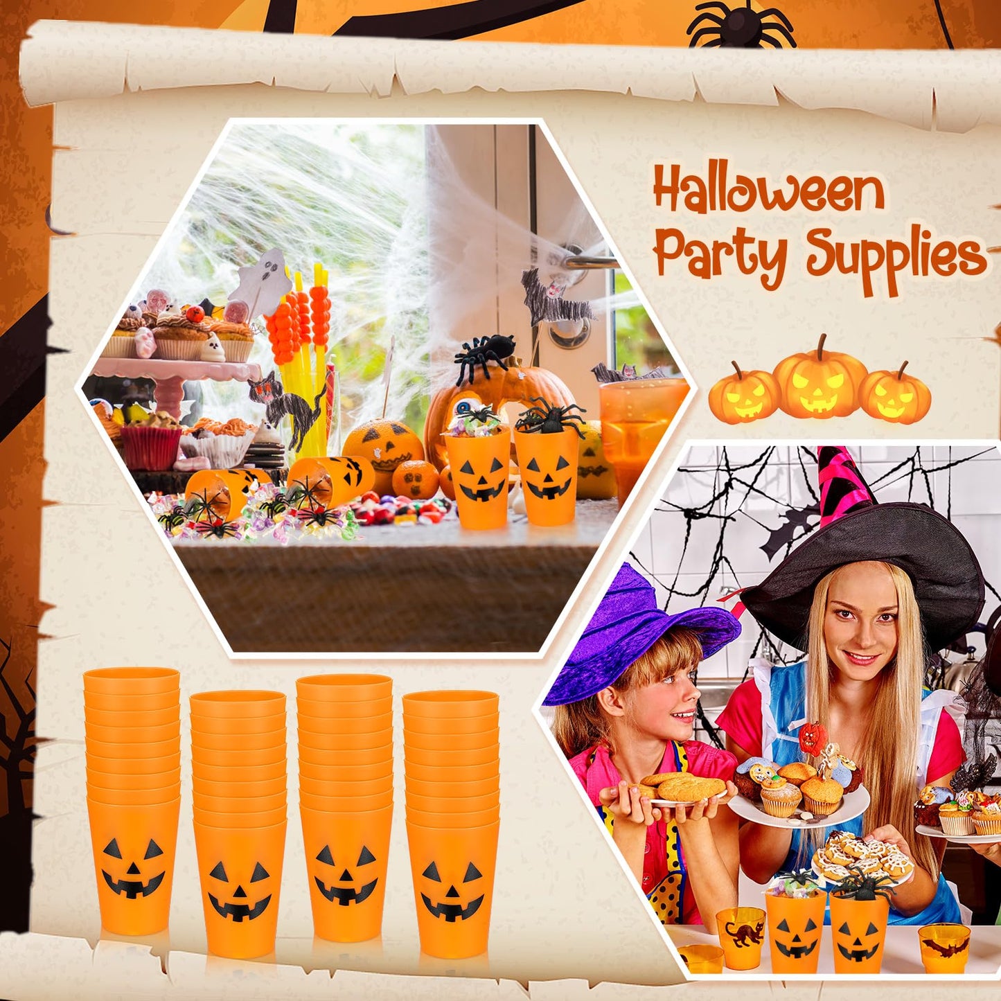 Dandat 48 Pcs Halloween Pumpkin Design Plastic Cups - Reusable Jack O Lantern Cups for Adults Kids Drinks Coffee Juice Party Supplies 8.8 oz