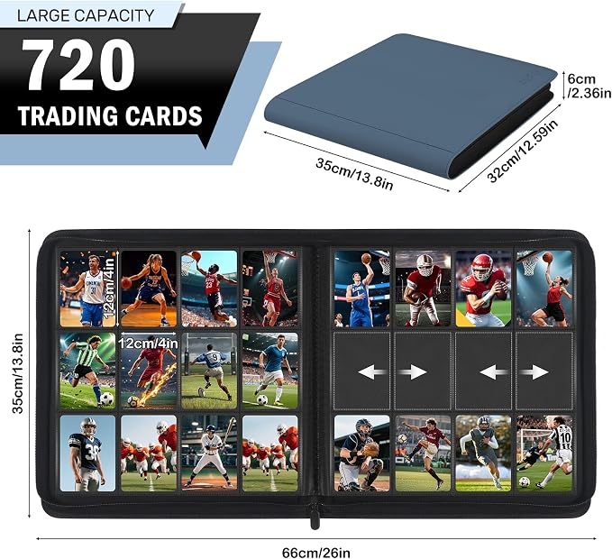 12 Pocket Zipper Trading Card Binder, 720 Large Capacity Side Loading Non-Ring Card Album, Double Sided Acid-Free Card Protector Binder for TCG, MTG, Sport Card, Navy Blue