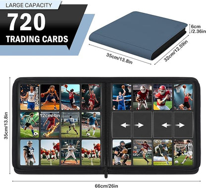 12 Pocket Zipper Trading Card Binder, 720 Large Capacity Side Loading Non-Ring Card Album, Double Sided Acid-Free Card Protector Binder for TCG, MTG, Sport Card, Navy Blue